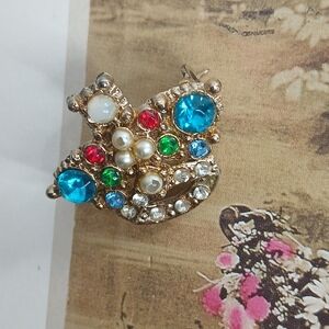 Vintage Rhinestone Crown Brooch Flowers Jewels Sparkling Regency 1 x 1.5" Gift